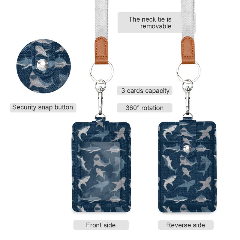 VIKKO Badge Holder, PU Leather ID Card Case Wallet with Neck Lanyard and Key Ring (Shark) - Image 2
